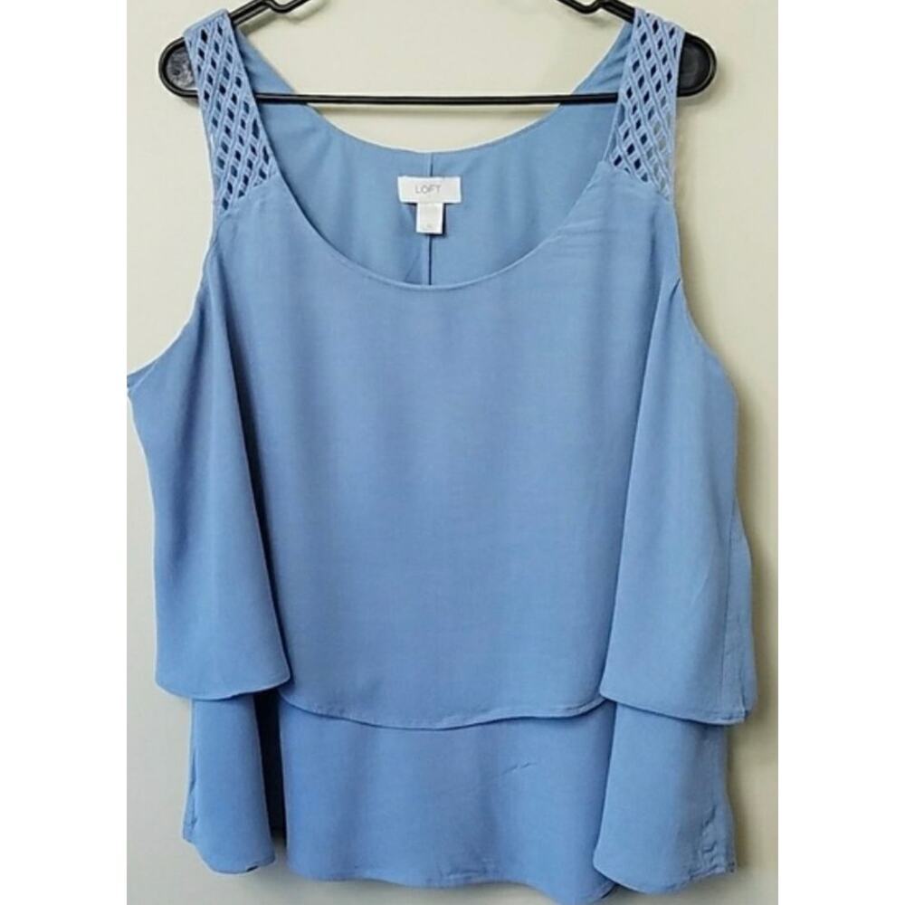 Loft L Ice blue layered tank w/2 tier design and weave shoulder detail